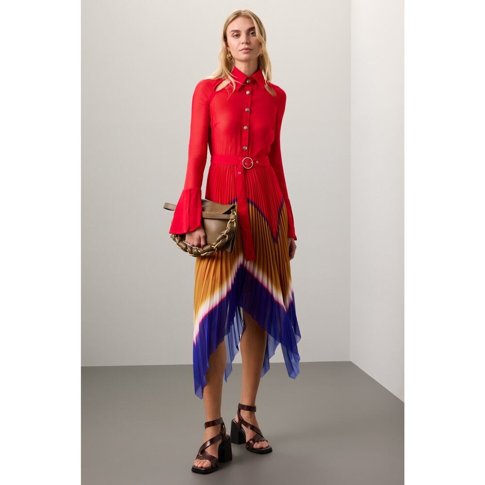 THEBE MAGUGU Red Gradient Asymmetric Pleated Cocktail Collared Chiffon Dress M